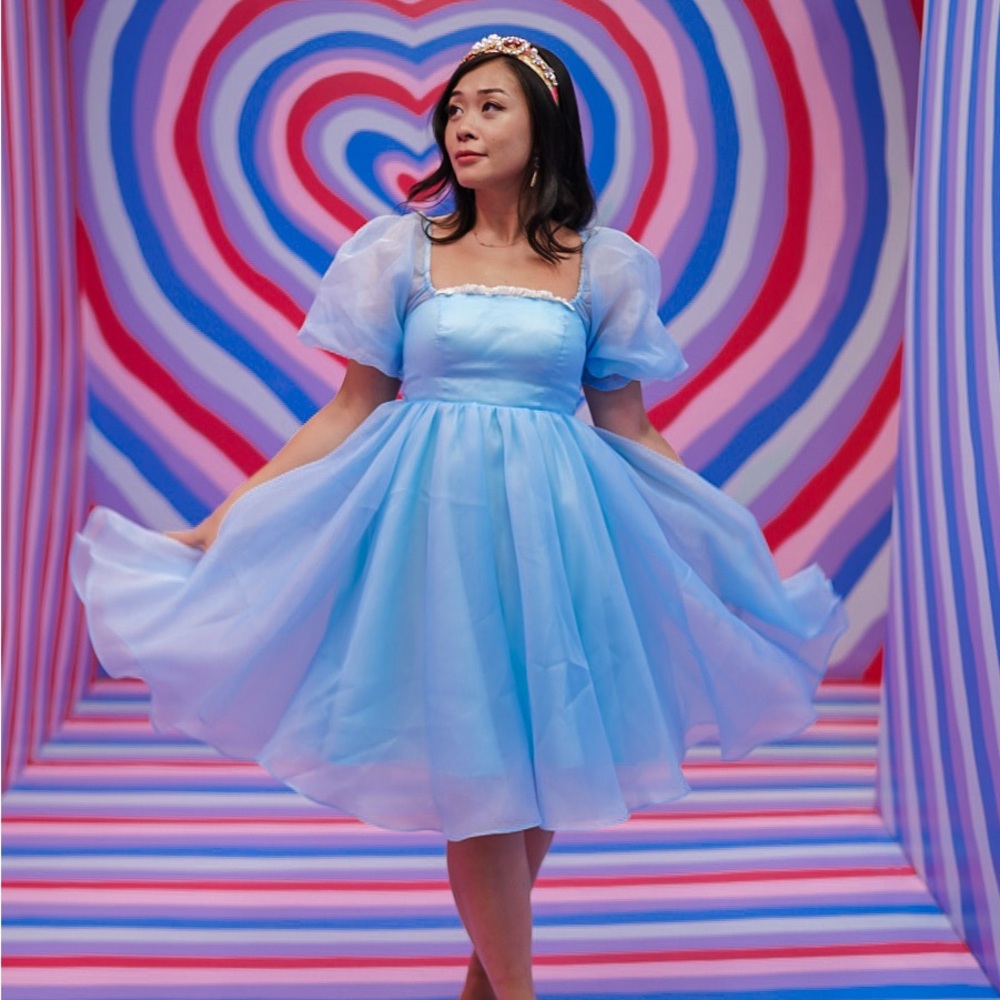 Elegant Light Blue Puff Sleeve midi Dress